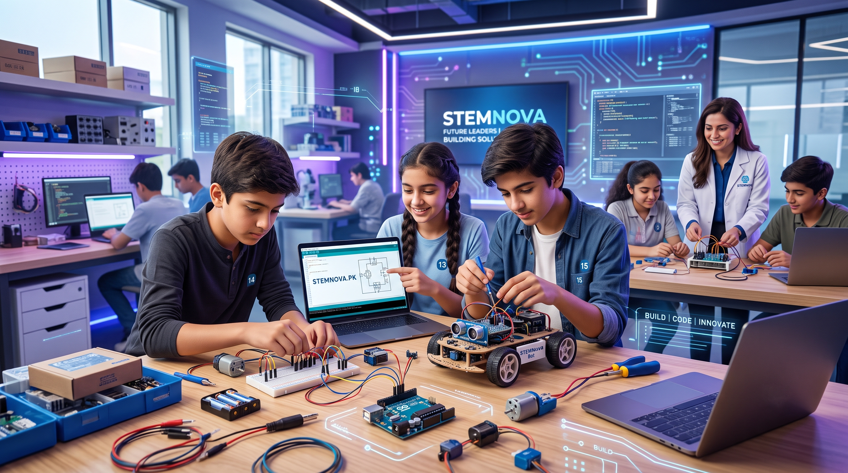 Students working with a robotics kit